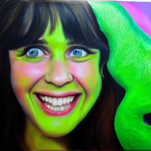 Image similar to zoey deschanel as a smiling laughing bright green lizard person, airbrush painting, hyper detailed, 8 k, photorealism, rule of thirds,.