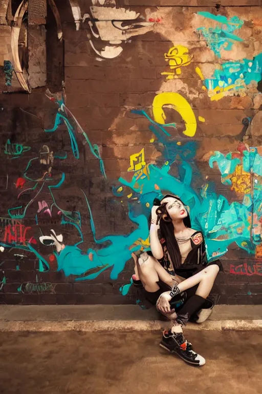 Image similar to punk girl sitting on extreme graffiti tag mural maximalism by atey ghailan, by greg rutkowski, by joe fenton, yellow, brown, black and cyan color scheme, octane render