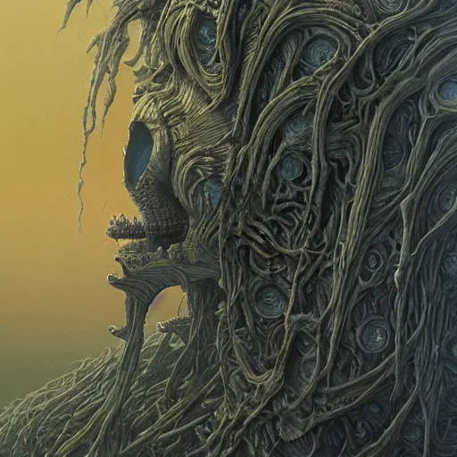 Prompt: iconic hybrid infected mushroom alien, album hyper detailed art style by Zdiszlaw Beksinski and Toshihiro Egawa and H.R. Giger and Artstation trending 8k