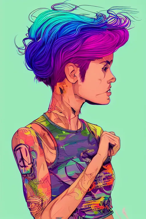 Image similar to a award winning half body portrait of a beautiful woman with stunning eyes in a printed croptop and cargo pants with rainbow colored ombre hairstyle head in motion and hair flying by josan gonzales, outrun, vaporware, shaded flat illustration, digital art, trending on artstation, highly detailed, fine detail, intricate