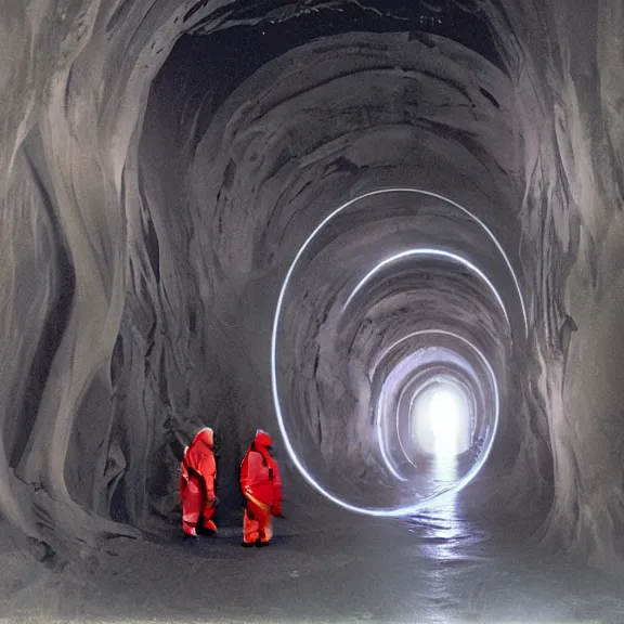 Prompt: two scientists wearing red rick owens hazmat suits in a glowing neon wormhole tunnel by frank frazetta