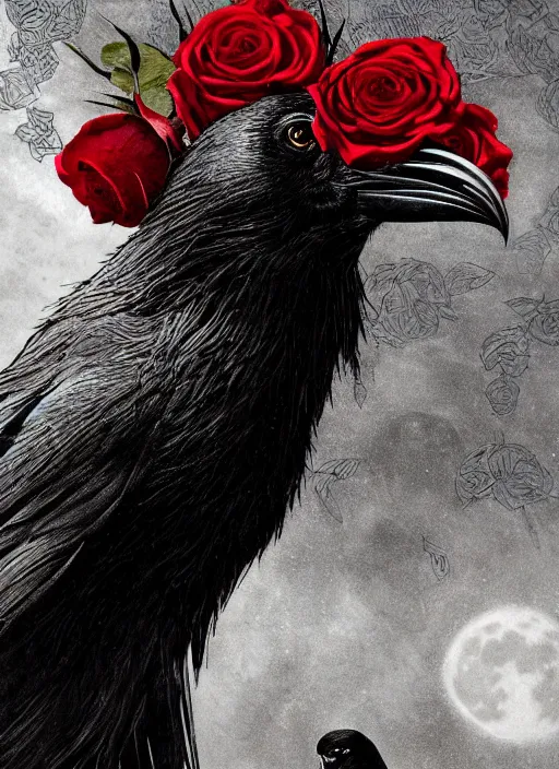 Image similar to portrait, A crow with red eyes in front of the full big moon, book cover, red roses, red white black colors, establishing shot, extremly high detail, foto realistic, cinematic lighting, pen and ink, intricate line drawings, by Yoshitaka Amano, Ruan Jia, Kentaro Miura, Artgerm, post processed, concept art, artstation, matte painting, style by eddie mendoza, raphael lacoste, alex ross