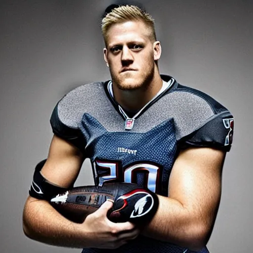 Image similar to “a realistic detailed photo of a guy who is an attractive humanoid who is half robot and half humanoid, who is a male android, football player JJ Watt, shiny skin, posing like a statue, blank stare”