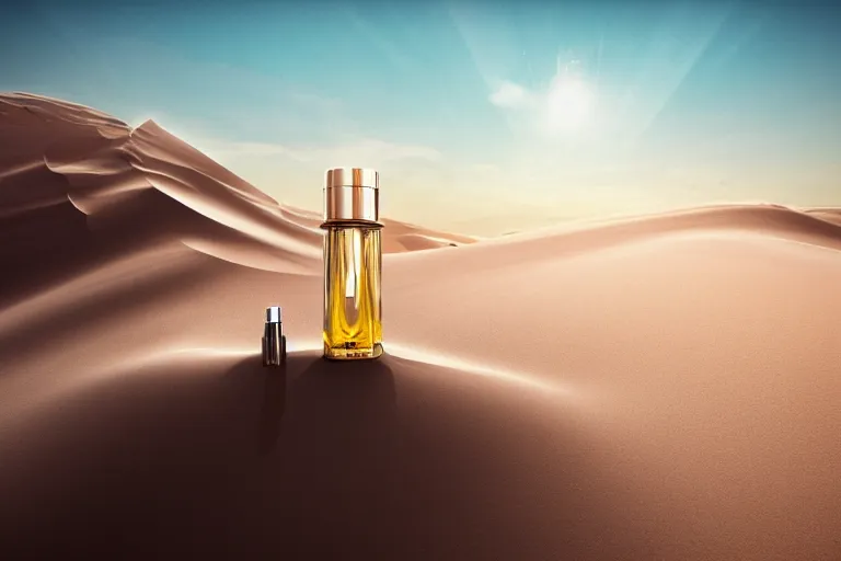 Prompt: perfume bottle buried in glittering oasis in the middle of a desert with soft skies, silky smooth, dramatic, mid day, sand dune background, large scale, wind - swept, lots of detail, realistic lighting, octane render, by wlop, artgerm, trending on artstation