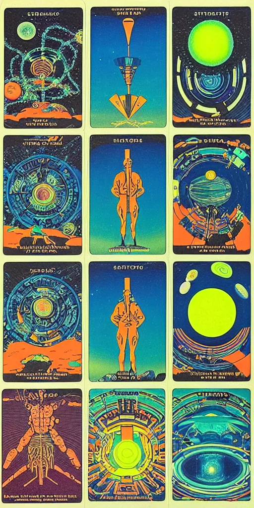 Image similar to 1968 science fiction tarot card, cut out collage, neon Aztec, spring on Saturn, epic theater, deep sea, mountain plants, drawings in part by moebius, part by Ernst Haekl, text by William S Boroughs, written by Michael Ende