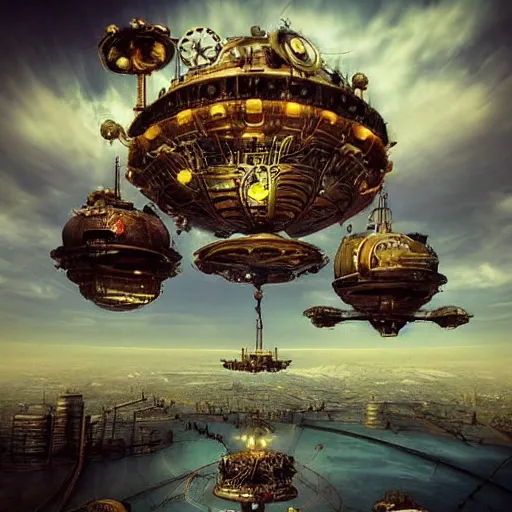 Prompt: flying city in a mechanical flower, sky, steampunk!, fantasy art, steampunk, masterpiece, octane