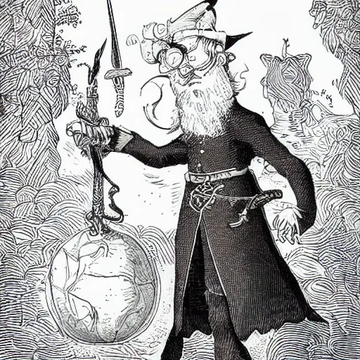 Prompt: elf with beard, holding a bomb, dnd, high detail, fantasy, in the style of vintage antique illustration and line drawing or engraving - c 9. 0