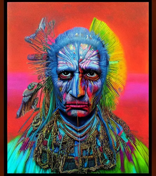 Image similar to Portrait painting in a style of Beksinski mixed with Alex Grey of an old shaman dressed in a colorful traditional clothes. Very psychodelic