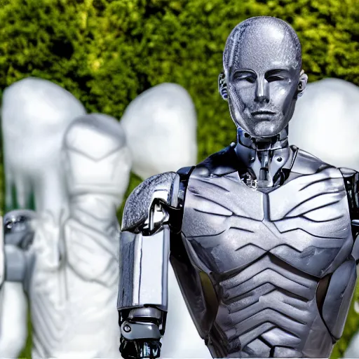 Image similar to made of ice, a realistic detailed photo of a guy who is an attractive humanoid who is half robot and half humanoid, who is a male android, on display, blank stare, showing off his muscles, shiny skin, posing like a statue, by the pool, frozen ice statue, twitch streamer / gamer ludwig, humanoid robot