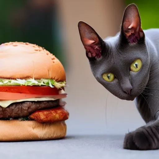 Image similar to hairless cat sniffing a hamburger