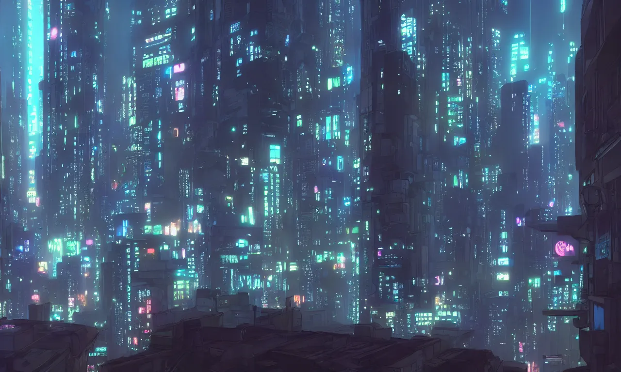Prompt: city in the atmospheric cyberpunk anime film, gouache matte background painting, at night with lights, by makoto shinkai, in the anime series ergo proxy, beautiful specular edge highlights and rim lighting