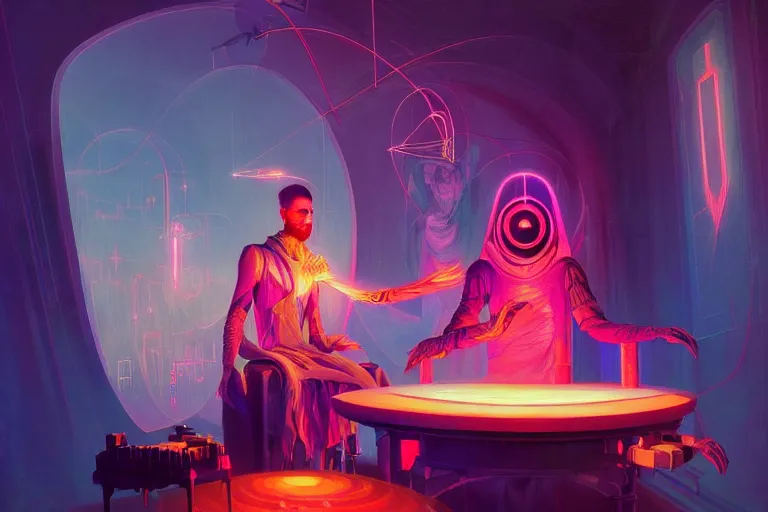 Prompt: a beautiful masterpiece painting of a technomancer wizard in robes with pointed hood breathing life into his synthesized AI djinn in his laboratory near a computer by Remedios Varo and Anato Finnstark and Greg Rutkowski, dayglo pink, dayglo blue, dazzle camouflage, 8k, trending on ArtStation