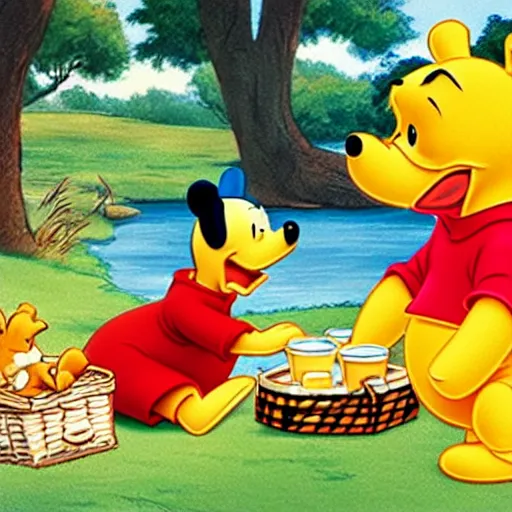 Image similar to Winnie the pooh and Donald duck having a picnic