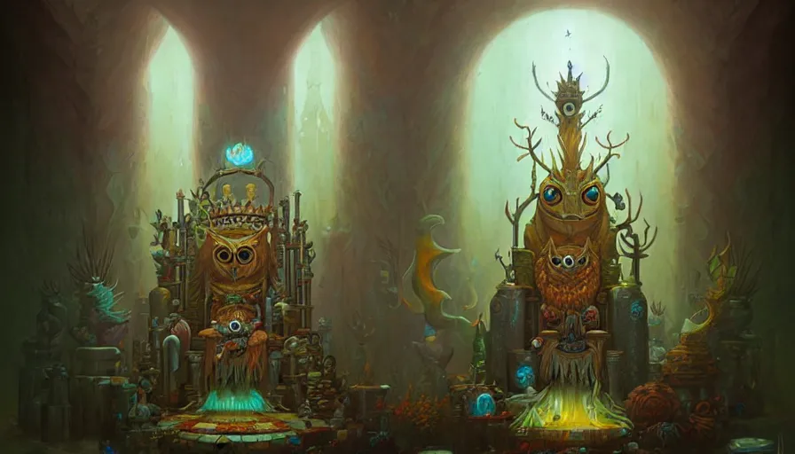 Image similar to Throne Room of the Shaman Owl King, by Peter Mohrbacher