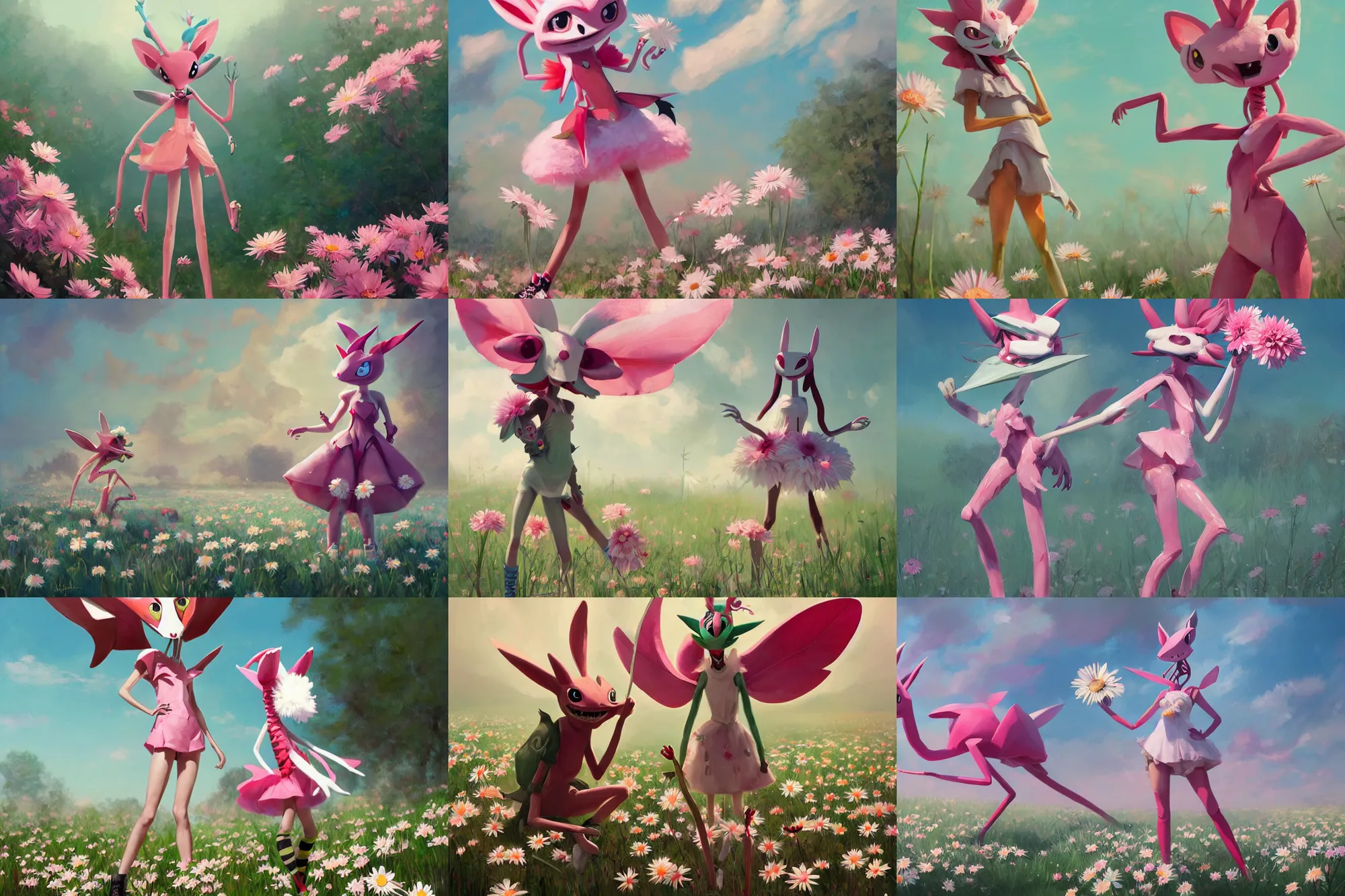 Prompt: anthropomorphic lurantis pokemon girl like a mantis in a floe standing in a field of daisies wearing converse shoes and a davey crockett hat, digital illustration by ruan jia on artstation