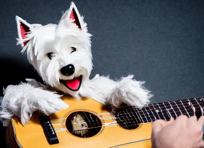 Prompt: photo still of an anthropomorphic westie!!!!!!! shredding a guitar on stage, 8 k, 8 5 mm f 1. 8, studio lighting, rim light, right side key light