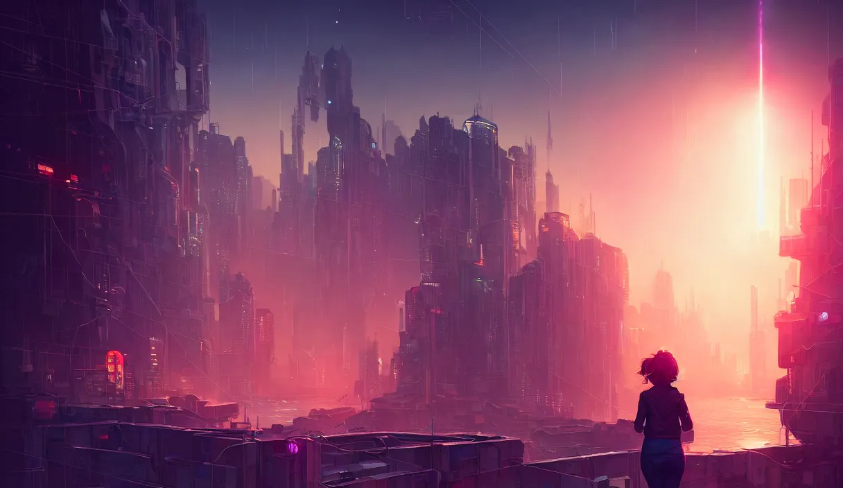 Image similar to girl staring at a meteorite hitting a floating cyberpunk city at night by wlop, low poly art, ultra detailed color art, high detail, digital art