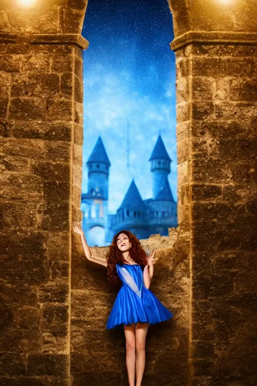 Prompt: a full body tall young female with curly shining hairs in blue dress rounding on a balcony of castle under a falling stars, view from a behind perspective. vfx effects, intricate, elegant, sharp focus, high quality render, many polygons, f 9 5 zone