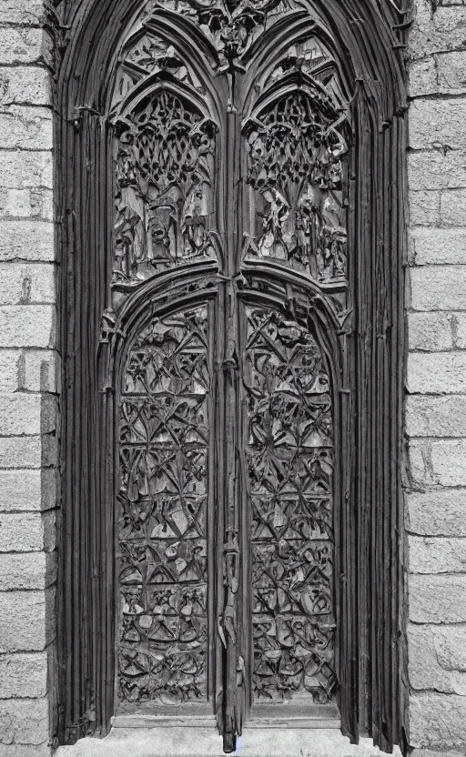 Prompt: door with carved sinister face head. cast iron. gothic medieval baroque. symmetry. epic. ominous shapes. hyper detailed. photoreal