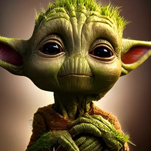 Image similar to photo realistic image of a baby groot hold baby yoda, stunning 3 d render inspired art by istvan sandorfi and greg rutkowski, perfect facial symmetry, realistic, highly detailed attributes and atmosphere, dim volumetric cinematic lighting,