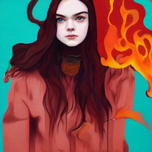 Prompt: Elle Fanning surrounded by fire picture by Sachin Teng, asymmetrical, dark vibes, Realistic Painting , Organic painting, Matte Painting, geometric shapes, hard edges, graffiti, street art:2 by Sachin Teng:4