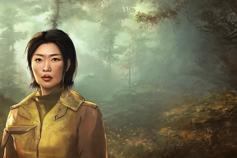 Image similar to fallout 5, charismatic beautiful rugged asian female protagonist, portrait, outdoors in forest area near a tori gate of a nearby shinto shrine, atmospheric lighting, painted, intricate, volumetric lighting, daytime, winter, clear weather, golden hour, sharp focus, ultra detailed, art by william turner