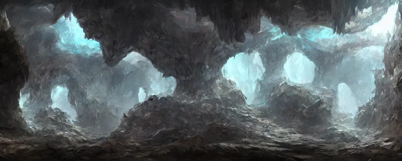 Image similar to concept art of an ancient fantasy cave with huge crystals, god rays, artstation