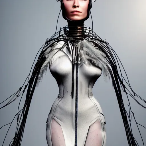 Image similar to hyper realistic woman figure dressed in futuristic dress, with a weird head piece on her head, made of wires, made of feathers, masterpiece, trending on artstation, photograph