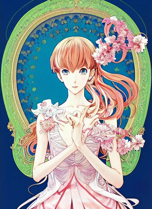 Image similar to manga poster of persona, rococo ruffles dress, pastel rainbow, pearlescent, shimmering, reflective, rim light, detailed background, by shigenori soejima. takeshi obata, minaba hideo, shigenori soejima, alphonse mucha, illustration,, artstation, pivix, concept art, highly detailed, colorful, maximalist