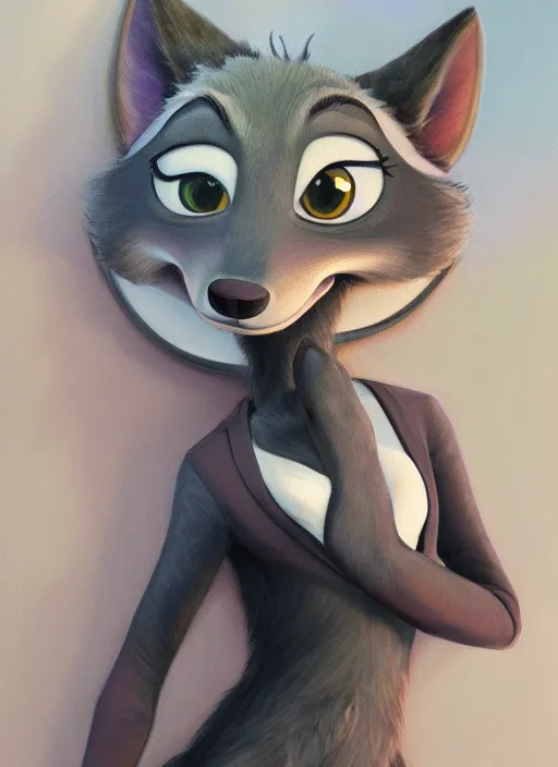 Image similar to oil painting of detailed full body of anthromorphic female wolf, in style of zootopia, zootopia, zootopia, fursona, furry, furaffinity, 4 k, deviantart, furry art, fursona art, wearing black business suit, business suit, in style of zootopia, wolf fursona, cyberpunk, female, expressive detailed feminine face,