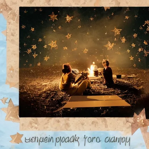 Image similar to a comfy crackling outdoor campfire in front of a very dark background of yellow illustrated stars, astrophotography, warm muted colors, cut paper photo collage with photograph and illustration