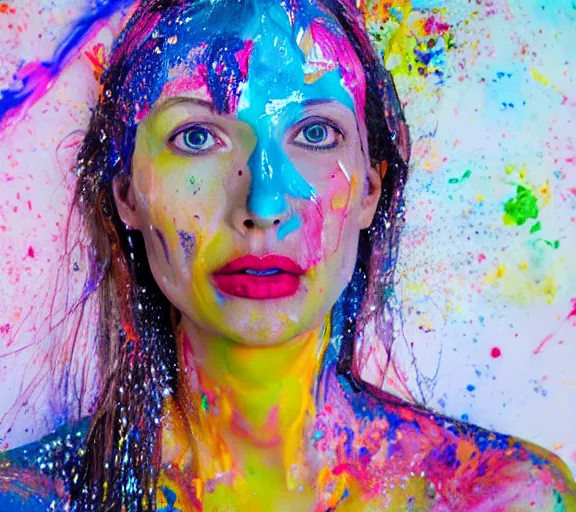 Image similar to still shot footage of a portrait of a female angel's head morphs into acrylic pour and coloured powder explosion and splashing paint and dripping paint and flying paint chunks, closing eyes, motion blur, hyperrealistic, medical, intricate art photography, hyperrealistic, anatomically correct, realistic crisp textures, 1 6 k