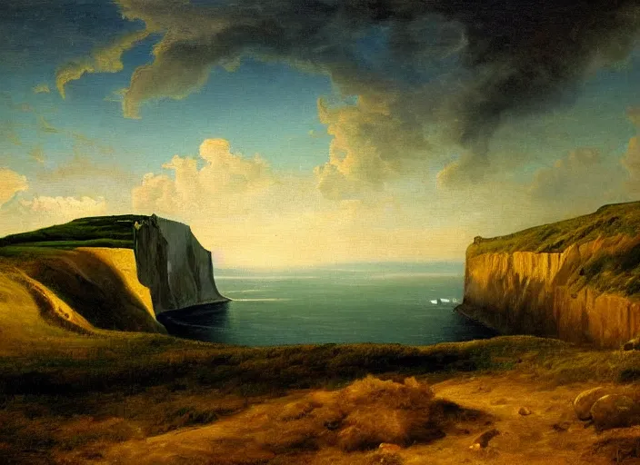 Image similar to cliffs of dover, uk in the style of hudson river school of art, oil on canvas