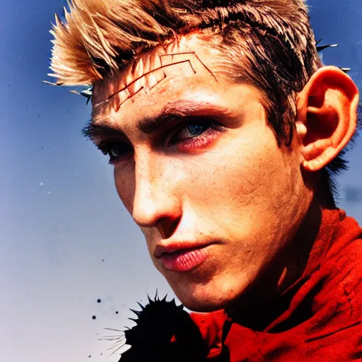 Image similar to close up headshot of a skinny high-fantasy elf with a long face narrow chin and spiky blonde hair wearing dark brown overalls and holding a bomb next to a destroyed car, gel spiked hair, high resolution film still, HDR color