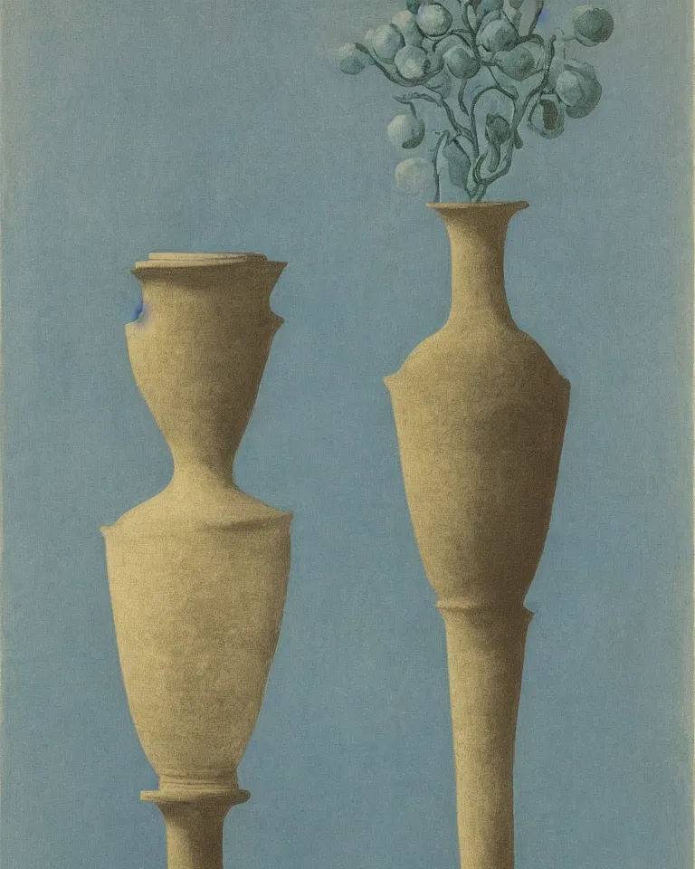 Prompt: achingly beautiful print of solitary painted ancient greek vase on baby blue background by rene magritte, monet, and turner. symmetrical, shaded.