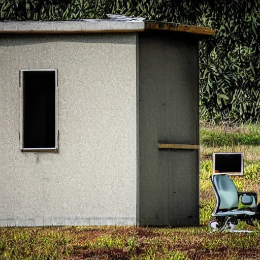 Image similar to a worker is sitting bored in front of a desk, it is inside a small cubicle which is completely surrounded by beautiful nature, bird perspective