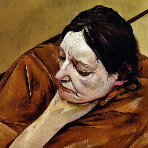 Prompt: Oil painting Portrait of a sad Woman resting, by Lucian Freud, Abstract brush strokes, Masterpiece