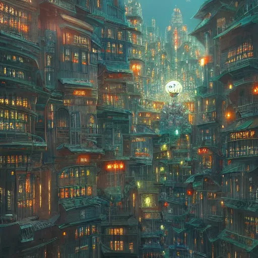 Prompt: a lot of lights, multi layered huge architectures, no people, intricate, Miyazaki Hayao, Ghibli, editor’s pickup, trending on artstation, trending on deviantart, 4K