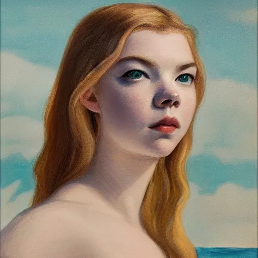 Image similar to Painting of Anya Taylor-Joy underwater, long blonde hair, delicate, pale milky white porcelain skin, by Edward Hopper. 8K. Extremely detailed.