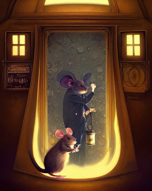 Image similar to anthropomorphic art of a detective mouse inside tardis, victorian inspired clothing by artgerm, victo ngai, ryohei hase, artstation. fractal papersand books. highly detailed digital painting, smooth, global illumination, fantasy art by greg rutkowsky, karl spitzweg, doctor who