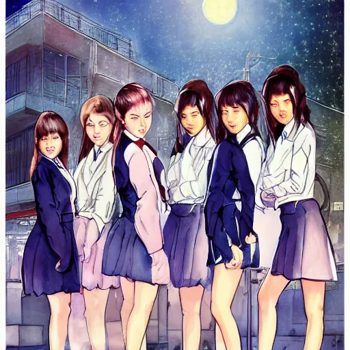 Image similar to a perfect, realistic professional digital sketch of a Japanese schoolgirls posing in a sci-fi cityscape, style of Marvel, full length, by pen and watercolor, by a professional American senior artist on ArtStation, a high-quality hollywood-style sketch, on high-quality paper