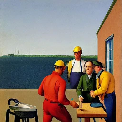 Prompt: a foreman calls his crew for lunch by Raphael, Hopper, and Rene Magritte. detailed, romantic, enchanting, trending on artstation.