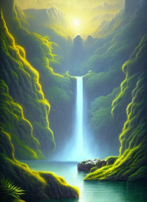 Image similar to a painting of a waterfall and a lake surrounded by mountains, a detailed matte painting by david a. hardy, featured on cgsociety, fantasy art, matte painting, 2 d game art, concept art