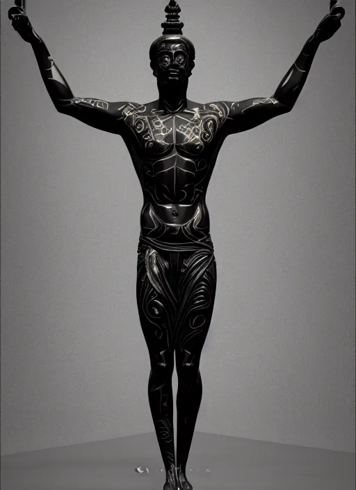 Prompt: stylized onyx black gold lines ornate statue full body made of marble of judas, perfect symmetrical body, perfect symmetrical face, hyper realistic, hyper detailed, by johannen voss, by michelangelo, octane render, blender, 8 k, displayed in bright studio room art deco
