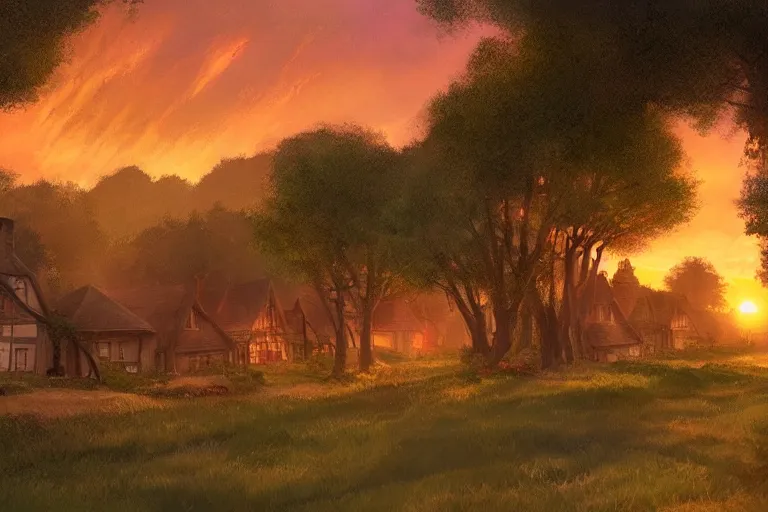 Image similar to sunset over the cottages in the shire, ghibli, artstation, award wining, rutkowski, shinkai