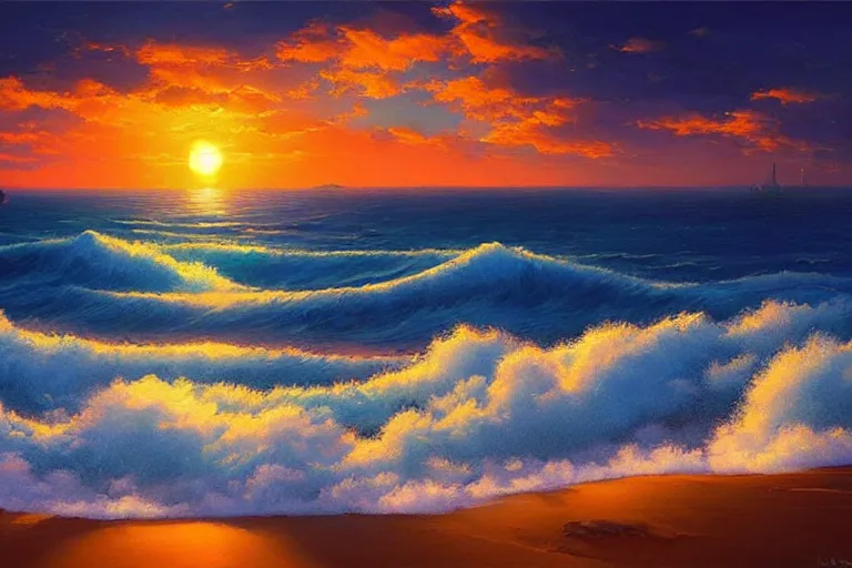 Image similar to a beautiful nature landscape with clouds, ocean waves, sunset, by rhads