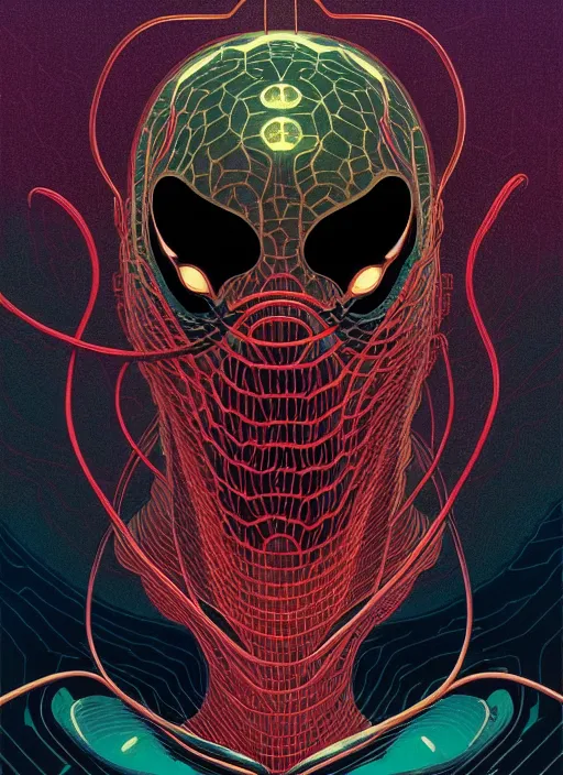 Image similar to symmetry!! stunning portrait of venom!! by victo ngai, kilian eng moody colours, dynamic lighting, full body, horror, digital art, winning award masterpiece, fantastically beautiful, illustration, aesthetically inspired by beksinski and dan mumford, trending on artstation, art by greg rutkowski, 8 k