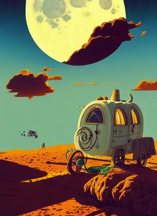 Image similar to gypsy caravan by paolo eleuteri serpieri and tomer hanuka and chesley bonestell and daniel merriam and tomokazu matsuyama, clouds, moon, sun, unreal engine, high resolution render, featured on artstation, octane, 8 k, highly intricate details, vivid colors