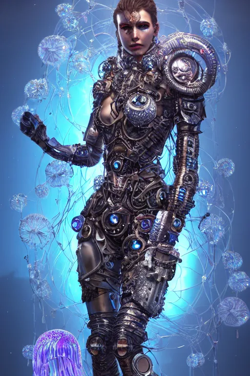 Image similar to a centered render of a majestic post apocalyptic cyborg warrior wearing armour gemstones and crystals and leather clothing surrounded by bio - luminescent jellyfish and sacred geometry, cinematic, beautifully lit, by artgerm, by donato giancola, by viktoria gavrilenko 3 d, trending on artstation, octane render, 8 k