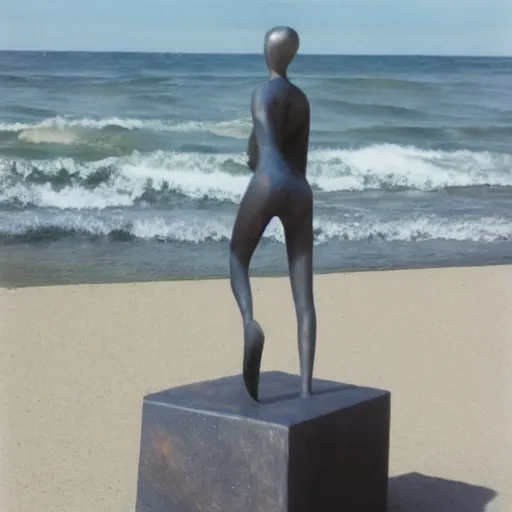 Prompt: Polaroid of a sculpture at the beach